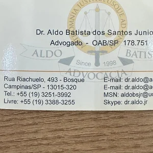 Cartão de visita de Aldo Batista, advogado desde 1998